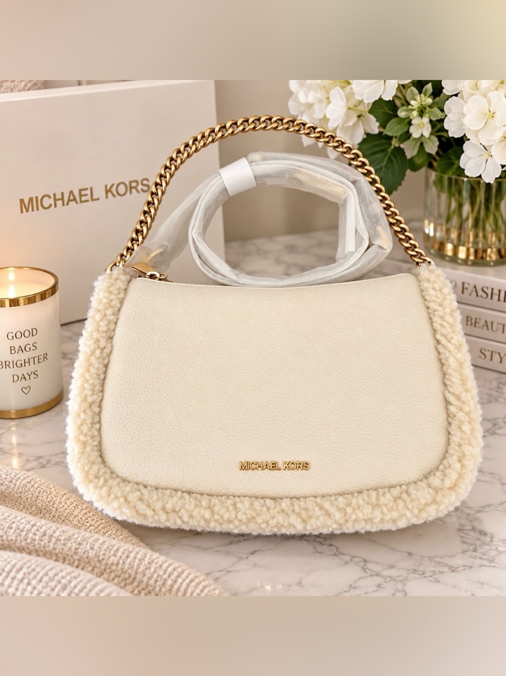 Michael Kors Ivory Soft Leather Shearling Trim Bag With Detachable Strap.